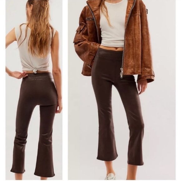 FRAME Jetset Crop COATED JEANS High-Rise Bootcut Brown - Picture 1 of 15